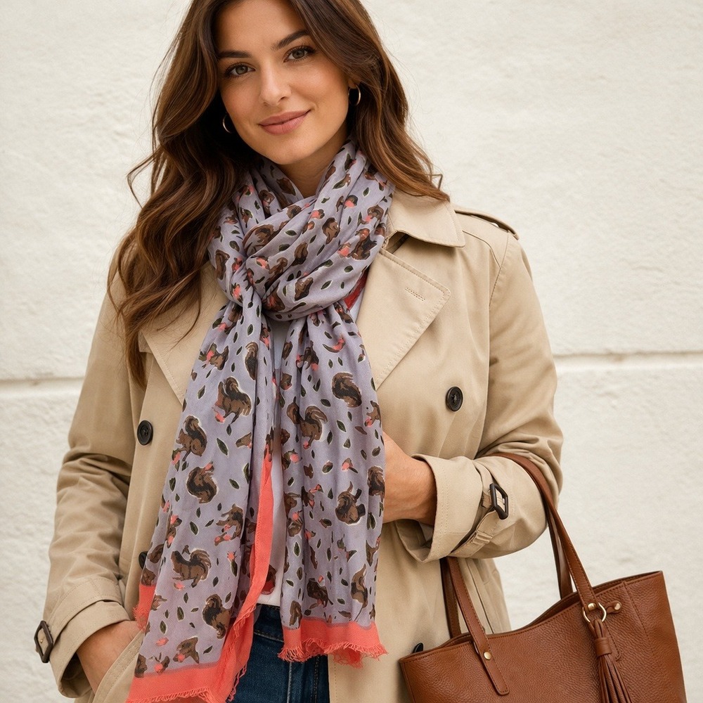 Whimsical Squirrel Print Scarf Lavender Grey Coral‎ Pink Frayed Fringe Shawl